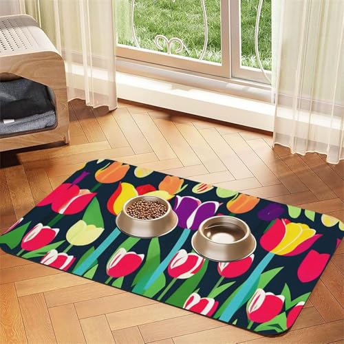 Katzenfuttermatte mit buntem Tulpenmuster, Haustier-Futtermatte für Boden, Haustierbedarf, Wassernapf-Matte, Hundezubehör Katzenfuttermatte mit buntem Tulpenmuster, Haustier-Futtermatte für Boden, Haustierbedarf, Wassernapf-Matte, Hundezubehör von KOUUIP
