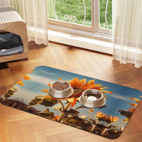 Katzenfuttermatte mit schönem Sonnenblumen-Aufdruck, Haustier-Futtermatte für Boden, Haustierbedarf, Wassernapf-Matte für Hunde Katzenfuttermatte mit schönem Sonnenblumen-Aufdruck, Haustier-Futtermatte für Boden, Haustierbedarf, Wassernapf-Matte für Hunde von KOUUIP