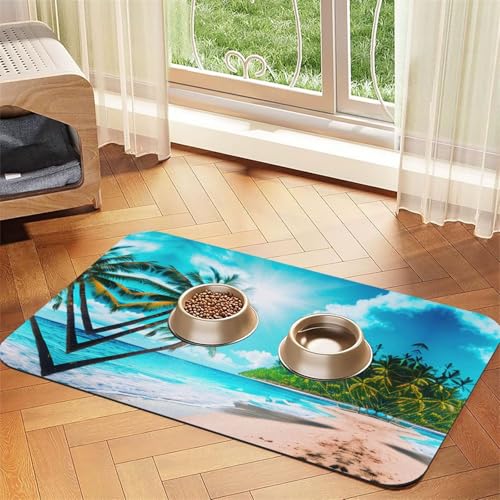 Katzenfuttermatte mit tropischem Ozean-Strand-Motiv, Haustier-Futtermatte für Boden, Haustierbedarf, Wassernapf-Matte für Hunde Katzenfuttermatte mit tropischem Ozean-Strand-Motiv, Haustier-Futtermatte für Boden, Haustierbedarf, Wassernapf-Matte für Hunde von KOUUIP