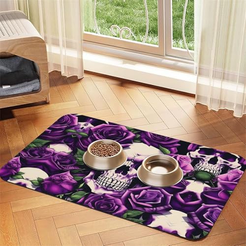 Katzenfuttermatte mit vielen violetten Rosen und Totenkopf-Aufdruck, für Boden, Haustierbedarf, Wassernapf-Matte, Hundezubehör Katzenfuttermatte mit vielen violetten Rosen und Totenkopf-Aufdruck, für Boden, Haustierbedarf, Wassernapf-Matte, Hundezubehör von KOUUIP