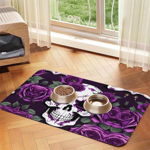 Katzenfuttermatte mit violettem Rosen-Skelett-Druck, Haustier-Futtermatte für Boden, Haustierbedarf, Wassernapf, Matte für Hunde Katzenfuttermatte mit violettem Rosen-Skelett-Druck, Haustier-Futtermatte für Boden, Haustierbedarf, Wassernapf, Matte für Hunde von KOUUIP