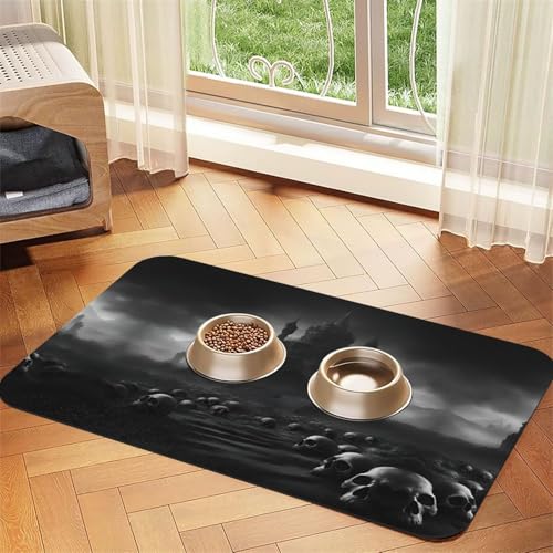 Katzennapf-Matte mit Totenköpfen, Schwarz und Weiß, 1 Aufdruck, Futtermatte für Boden, Haustierbedarf, Wassernapf, Matte für Hunde Katzennapf-Matte mit Totenköpfen, Schwarz und Weiß, 1 Aufdruck, Futtermatte für Boden, Haustierbedarf, Wassernapf, Matte für Hunde von KOUUIP