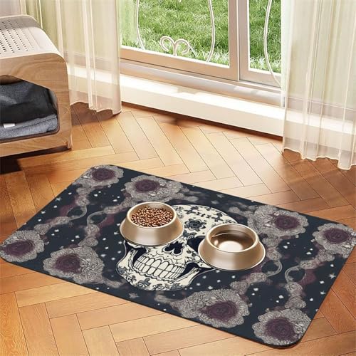 Katzennapf-Matte mit Totenkopf-Motiv und Blumendruck, Haustier-Futtermatte für Boden, Haustierbedarf, Wassernapf-Matte für Hunde von KOUUIP