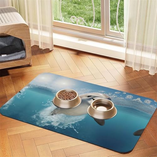 Lustige Tierfuttermatte mit Delfin-Druck, Haustier-Futtermatte für Boden, Haustierbedarf, Wassernapf-Matte für Hunde von KOUUIP