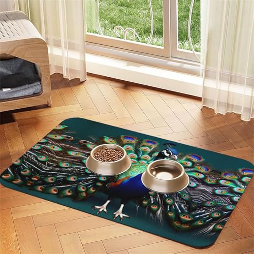 Schöne Futtermatte für Katzen mit Pfauen-Aufdruck, Haustier-Futtermatte für Boden, Haustierbedarf, Wassernapf-Matte für Hunde von KOUUIP