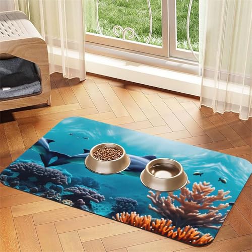Schöne Unterwasserwelt Delfine, Korallenmuster, Katzenfuttermatte, Haustier-Futtermatte für Boden, Haustierbedarf, Wassernapf, Matte für Hunde Schöne Unterwasserwelt Delfine, Korallenmuster, Katzenfuttermatte, Haustier-Futtermatte für Boden, Haustierbedarf, Wassernapf, Matte für Hunde von KOUUIP