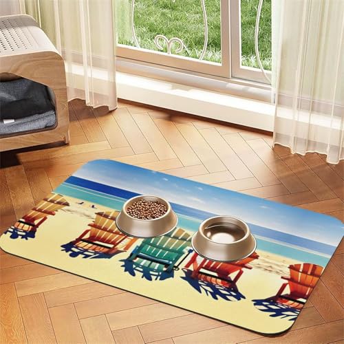 Strandszene mit Stühlen, Katzenfuttermatte, Haustier-Futtermatte für Boden, Haustierbedarf, Wassernapf-Matte für Hunde Strandszene mit Stühlen, Katzenfuttermatte, Haustier-Futtermatte für Boden, Haustierbedarf, Wassernapf-Matte für Hunde von KOUUIP