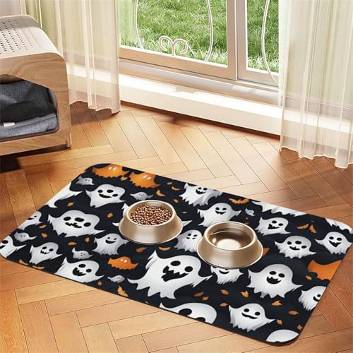 Süßer weißer Geister-Halloween-Muster, Katzenfuttermatte, Haustier-Futtermatte für Boden, Haustierbedarf, Wassernapf-Matte für Hunde Süßer weißer Geister-Halloween-Muster, Katzenfuttermatte, Haustier-Futtermatte für Boden, Haustierbedarf, Wassernapf-Matte für Hunde von KOUUIP