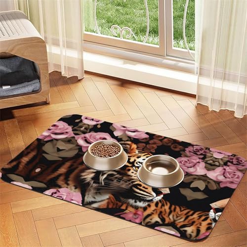 Tierfuttermatte mit Leopardenmuster, Rosen-Blumendruck, Haustier-Futtermatte für Boden, Haustierbedarf, Wassernapf-Matte für Hunde Tierfuttermatte mit Leopardenmuster, Rosen-Blumendruck, Haustier-Futtermatte für Boden, Haustierbedarf, Wassernapf-Matte für Hunde von KOUUIP