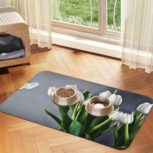 Weiße Tulpen Blumen Druck Katzenfutter Matte Haustier Futtermatte für Boden Haustier Zubehör Hund Wassernapf Matte Hund Essentials Weiße Tulpen Blumen Druck Katzenfutter Matte Haustier Futtermatte für Boden Haustier Zubehör Hund Wassernapf Matte Hund Essentials von KOUUIP