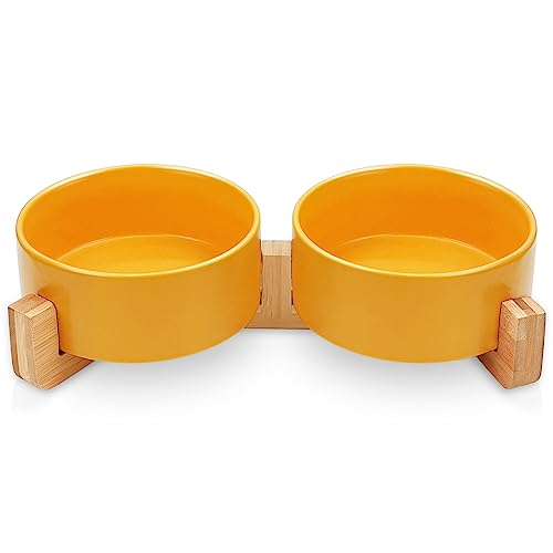 KPWACD Keramik-Haustiernäpfe für Hund und Katze, erhöhtes Futter- und Wassernapf-Set für Hunde und Katzen, mit rutschfestem Holzständer, kein Verschütten, geeignet für kleine, gelb, 400 ml von KPWACD