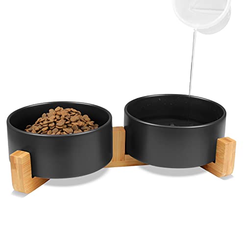 KPWACD Keramik-Haustiernäpfe für Hund und Katze, erhöhtes Futter- und Wassernapf-Set für Hunde und Katzen, mit rutschfestem Holzständer, kein Verschütten, geeignet für kleine, weiß, 400 ml von KPWACD