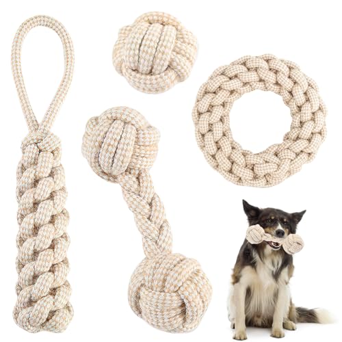 KQDRAVINE Hundespielzeug Seil mit Knoten Ball,4er Set Hunde Spielzeug aus 100% Naturhanf,Dog Rope Toy,Zerrspielzeug für Hunde,Premium Hundespielzeug für Kleine (1) von KQDRAVINE