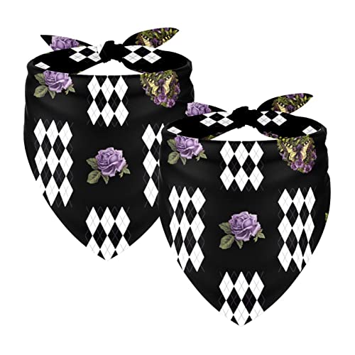 Passendes Bandana für Haustier und Besitzer, 2er-Pack, hochwertiger, transparenter Chiffon-Stoff, verstellbare Passform, kühlend,Schmetterlings Rosen Schwarz Diamant Karo Rauten Muster von KQNZT