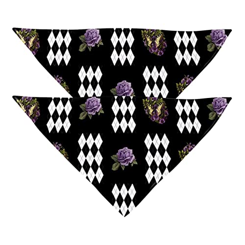 Passendes Bandana für Haustier und Besitzer, 2er-Pack, hochwertiger, transparenter Chiffon-Stoff, verstellbare Passform, kühlend,Schmetterlings Rosen Schwarz Diamant Karo Rauten Muster von KQNZT