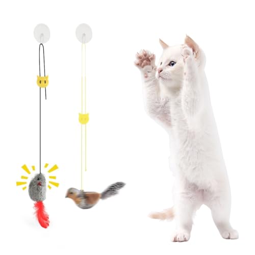 KQOZG 2 Stück Katze Self-Entertainment interaktives Spielzeug, hängende Türrahmen Flexible Maus und Spatz mit Quietscher, Keine Batterien erforderlich, Federschwanz Maus von KQOZG