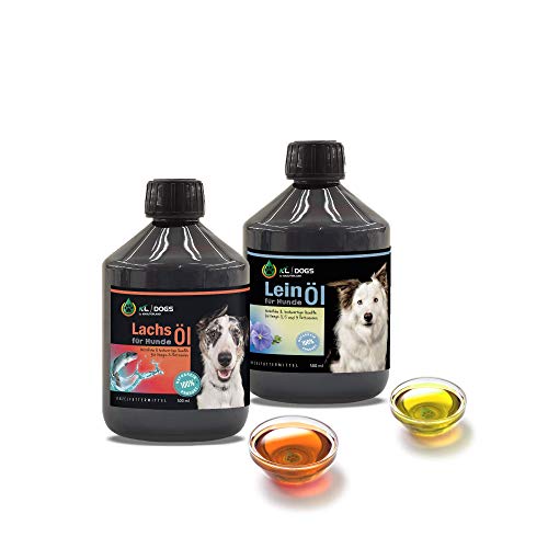 Kräuterland - Barf Set Basic Lachsöl Leinöl für Hunde je 500ml - Omega 3 6 9 Fettsäuren - 100% rein und kaltgepresst ohne Zusatzstoffe - frisches Barföl direkt vom Hersteller von KRÄUTERLAND N A T U R - Ö L M Ü H L E