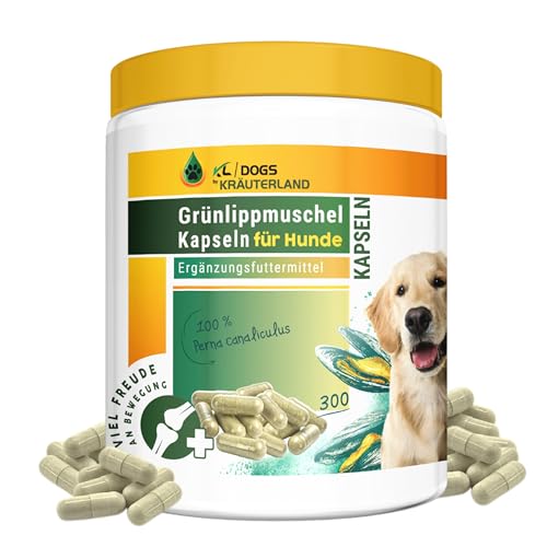 Kräuterland neuseeländischen Grünlippmuschel Kapseln für Hund, 300 Stück Gelenktabletten hochdosiert, 100% naturrein ohne Zusatzstoffe, mit Glycosaminoglykanen in Premium Qualität aus Neuseeland von KRÄUTERLAND N A T U R - Ö L M Ü H L E