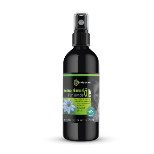 Kräuterland Schwarzkümmelöl Spray für Hunde 250ml - kaltgepresst, gefiltert, nativ - Schwarzkümmel Öl Sprühflasche für unterwegs - Fütterung & Fellpflege in Premium Qualität von KRÄUTERLAND N A T U R - Ö L M Ü H L E