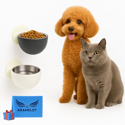 2 x erhöhter Futternapf für Katzen und Hunde, verstellbare Wandschale ohne Bohren, extra starke Befestigung, Linderung von Gelenkschmerzen, verbessert die Verdauung, verhindert Verletzungen und von KRAMELOT