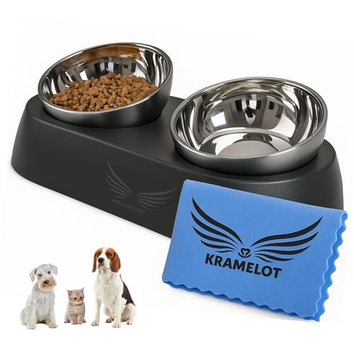 Twin Bowl - Erhöhter und geneigter Doppelnapf für Hunde und Katzen, rutschfeste Unterseite mit Saugnäpfen, 2 Schüsseln aus Edelstahl, 600 ml, ohne Schweißen, verbessert die Haltung, Anti-Erbrechen von KRAMELOT