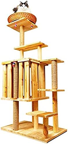 KRASS Katzenkletterbaum Katzenklettergerüst, Massivholz-Katzenstreu, 6-lagige Sprungplattform, Natürliche Sisalsäule, Rattan-Katzenbett, 145 X 40 X 60 cm von KRASS