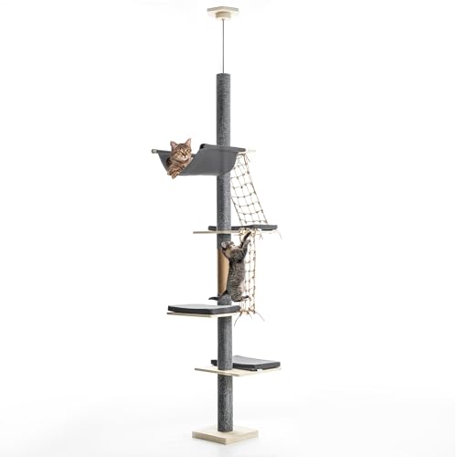 Kratzbaum Deckenhoch mit Hängematte & Kletternetz| Höhenverstellbar 236–270 cm | Kratzbaum Deckenspanner mit 5 Plattformen | Schmal & platzsparender Indoor-Kletterturm aus Holz für Katzen von KRAUS MAGAZIN