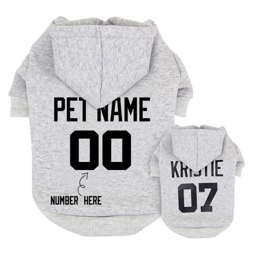 Personalisierte Hunde-Kapuzenpullover, individuelles Welpen-Pullover-Shirt mit Namen und Nummer, Hunde-Winterkleidung, kleine Hundekleidung, Hunde-Kapuzenpullover (L, grau) von KRD