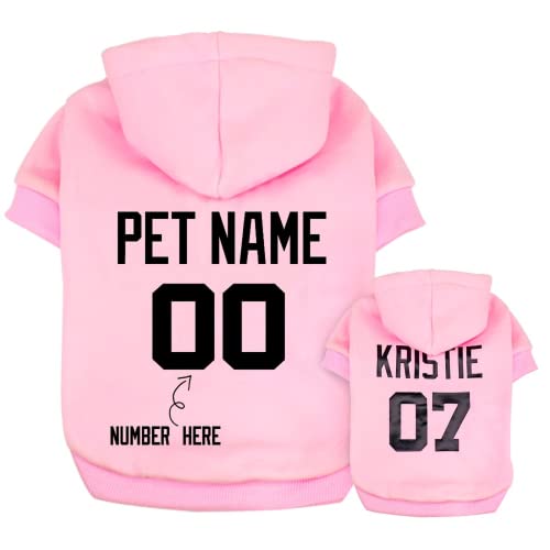Personalisierte Hunde-Kapuzenpullover, individuelles Welpen-Pullover-Shirt mit Namen und Nummer, Hunde-Winterkleidung, kleine Hundekleidung, Hunde-Kapuzenpullover (L, rosa) von KRD