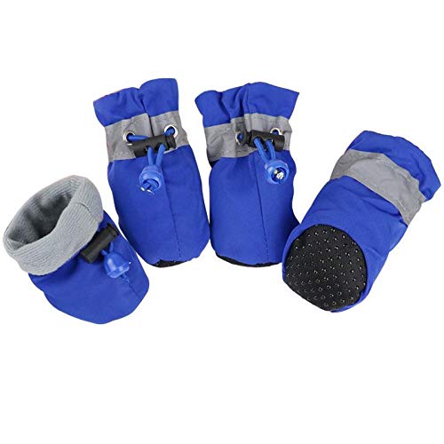 Hundeschuhe,Dog Boots 4 Teile/Satz Haustierhunde Winterschuhe Regen Schnee wasserdichte Booties Socken Gummi -Slip-Schuhe für kleine Welpen Schuhe Zubehör (Color : Blue, Size : 2) von KRIECK