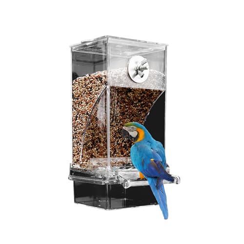 Automatischer Vogelkäfig-Futterspender aus Acryl, transparent, mit Sitzstange, Futterbehälter, Käfigzubehör für kleine/mittelgroße Vögel (Lovebirds, Kanarienvögel, Kakadu) von KRJGOERG