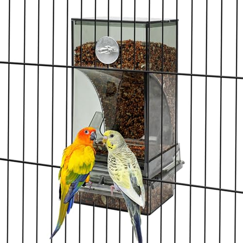 No Mess Automatischer Vogelfutterspender für Käfig, transparenter Acryl-Samenspender mit Auffangschale, Käfigzubehör für kleine/mittelgroße Vögel (Lovebirds, Sittiche, Nymphensittiche) von KRJGOERG