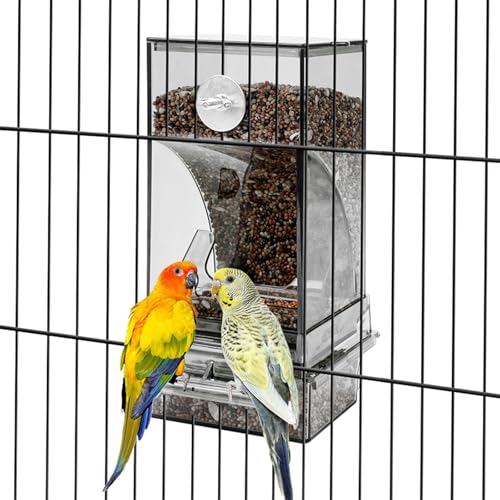 No Mess Automatischer Vogelfutterspender für Käfig, transparenter Acryl-Samenspender mit Auffangschale, Käfigzubehör für kleine/mittelgroße Vögel (Lovebirds, Sittiche, Nymphensittiche) von KRJGOERG
