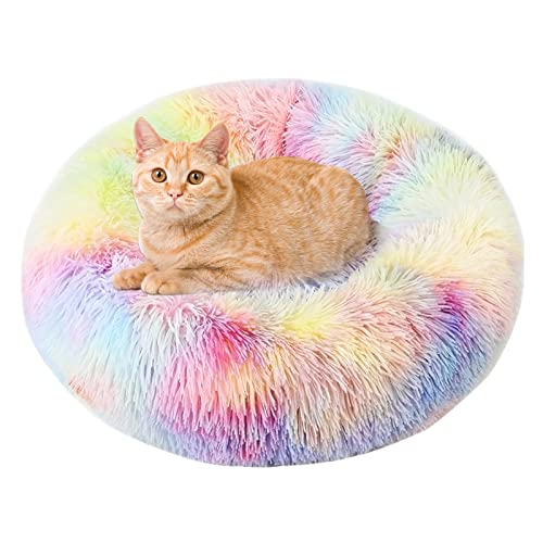 Flauschiges, rundes Haustierbett, rutschfest, Katzenbetten für Indoor-Katzen, extra kleines Hundebett, beruhigendes, weiches Plüsch-Donut-Kuschelkissen, selbstwärmend für kleine Hunde, Kätzchen (L) von KSIEE