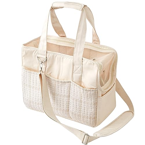 Hundetragetasche, faltbar, Baumwolltuch, Hundetragetasche, Haustier-Reisetasche mit Taschen für Katzen und kleine Hunde (Beige) von KSIEE