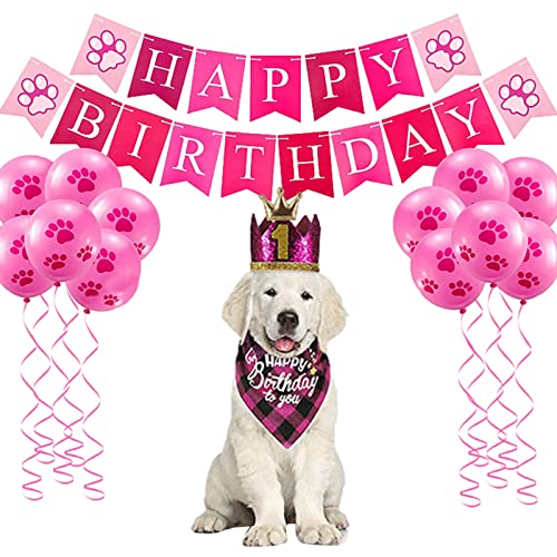 KSIEE Hund Geburtstag Party Supplies Junge Mädchen Hund Geburtstag Hut mit Hund Geburtstag Party Dekorationen Set mit Hund Geburtstag Hut Schal Geburtstag Banner, Luftballons und Fliege (Rosa) von KSIEE