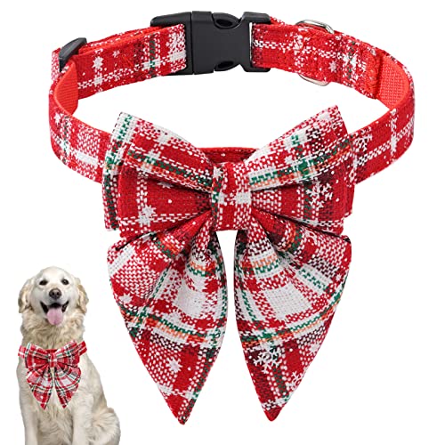 Weihnachts-Hundehalsband, klassisches kariertes Schneeflocken-Hundehalsband, weich, bequem, lustig, dehnbar, Kostümzubehör, für kleine, mittelgroße und große Hunde, Katzen (L, Rotweiß) von KSIEE