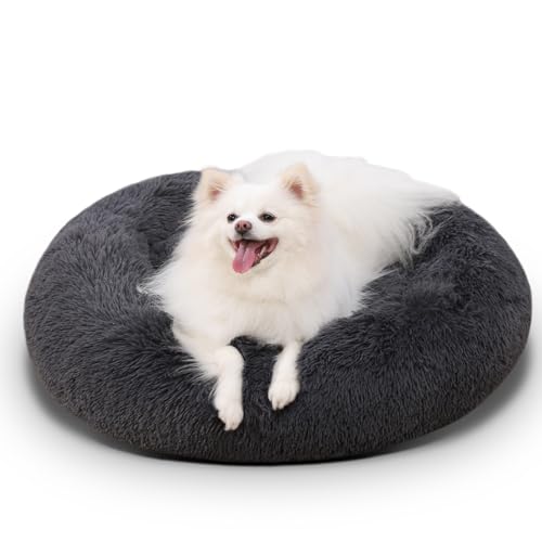 KSIIA Hundebett Flauschig, Katzenbett, Ø 50 cm Rund Donut Hundekissen Waschbar, Langer Plüsch Hundekorb Katzenkorb Katzenkissen für Kleine Hunde Dunkelgrau von KSIIA