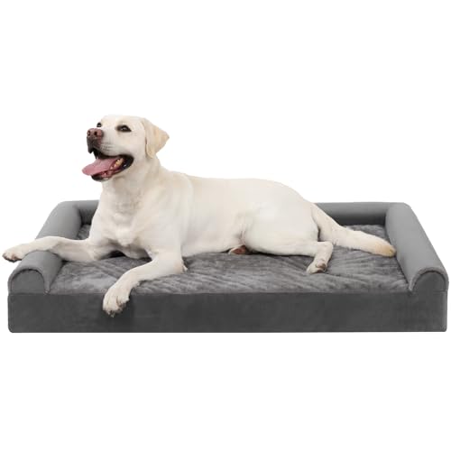 KSIIA Hundebett Grosse Hunde, Orthopädisches Hundebetten 105x70x18cm Hundesofa Bezug abnehmbar waschbar, XL Hundekorb mit DREI erhöhte Ränder, Hundecouch rutschfeste Unterseite, Grau von KSIIA