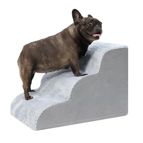 KSIIA Hundetreppe 3 Stufen, 40cm Hoch Haustiertreppe Hundetreppe für Kleine Hunde, Katzentreppe Hunderampe mit Waschbar Bezug für Bett, Couch, Sofa und Auto, 40x57x40cm, Grau von KSIIA