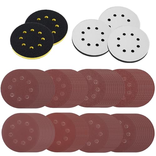 101 Pcs Schleifpapier Set 125mm mit 8-Loch-Schwammauflage Runde Schleifpapier Set Nass und Trocken 40/60/80/120/180/240/320/600 Körn Siliciumcarbid Scheibe für Metall Holz Auto von KTCINA
