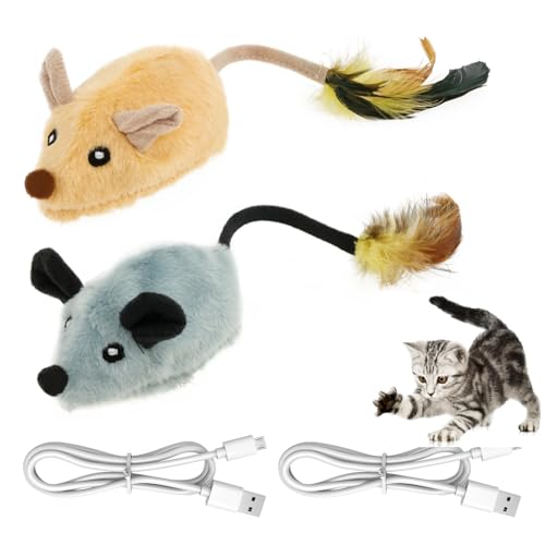 2 Stück Katzenspielzeug Elektrisch Spielmaus mit LED-Licht USB Wiederaufladbar Ultra Interessant Langlebig Elektrisches Katzenspielzeug mit Federschwanz Interactive Cat Toys Spielmäuse für Katzen von KTCINA