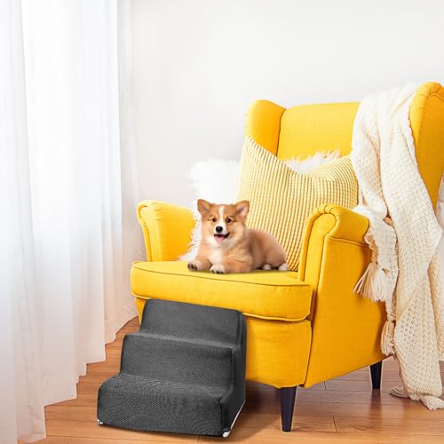 Hundetreppe für Kleine Hunde 3-Stufig 34 x 40 x 30 cm Sicher Haustiertreppe mit Abnehmbarem Waschbarem Bezug und Rutschfestem Boden Hundetreppe Hunderampe für Bett und Sofa aus Hochdichtem Schwamm von KTCINA