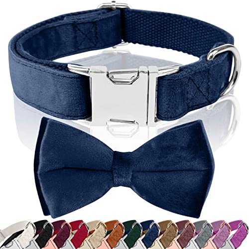 KTWSUEF Juwel Blau Hundehalsband Samtige, mit Hunde Fliege Abnehmbarer Hundehalsband, Personalisiert Hunde Halsband, verstellbares Hundehalsband, für Hunde Kleine Mittel große Hunde (L, Juwel Blau) von KTWSUEF