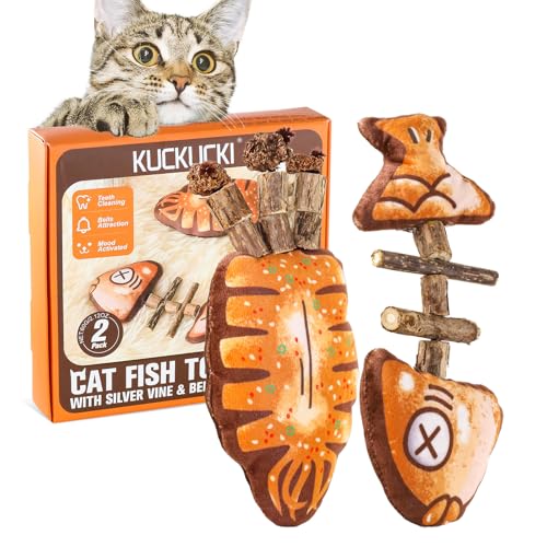 KUCKUCKI Katzenminze Sticks, Katzenspielzeug Fisch mit Katzen Kaustangen und Glocken, Kauspielzeug für Katzen Zahnpflege, Matatabi-Kausticks Gegen Mundgeruch Natürlich KUCKUCKI Katzenminze Sticks, Katzenspielzeug Fisch mit Katzen Kaustangen und Glocken, Kauspielzeug für Katzen Zahnpflege, Matatabi-Kausticks Gegen Mundgeruch Natürlich von KUCKUCKI