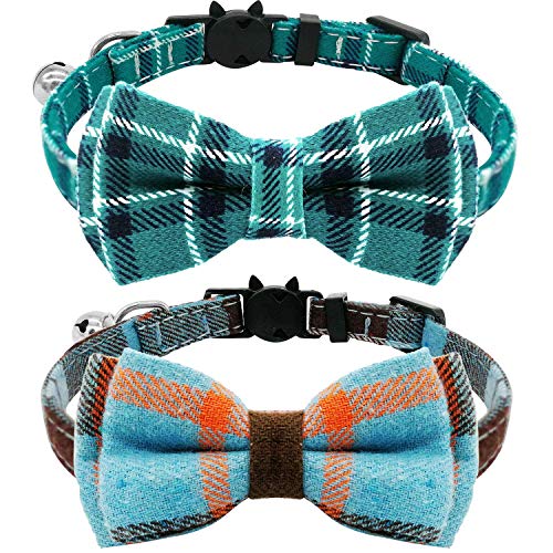 KUDES 2 Pack/Set Cat Collar Breakaway with Cute Bow Tie and Bell for Kitty and Some Puppies, Adjustable from 7.8-10.5 Inch (Cyan-Blue+Blue-Gray, Plaid) von KUDES