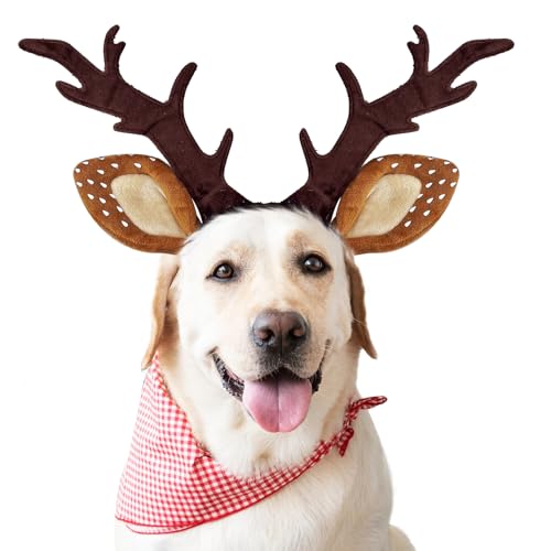 KUDES Hunde- und Katzen-Weihnachts-Stirnband, Rentiergeweih, klassisch, verstellbar, Elchhut, Kopfbedeckung, Haustier, Hirsch, Cospaly, Kostüme, Zubehör (Größe L (für mittelgroße und große Hunde)) von KUDES
