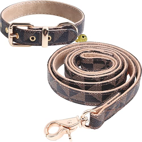 KUDES Hundehalsband aus Leder und 1,2 m Leine, verstellbar, Basic Halsband mit Glöckchen, Leder, Haustierleine, Karomuster, strapazierfähiges Lederhalsband und Leine mit Metallschnalle für kleine, KUDES Hundehalsband aus Leder und 1,2 m Leine, verstellbar, Basic Halsband mit Glöckchen, Leder, Haustierleine, Karomuster, strapazierfähiges Lederhalsband und Leine mit Metallschnalle für kleine, von KUDES