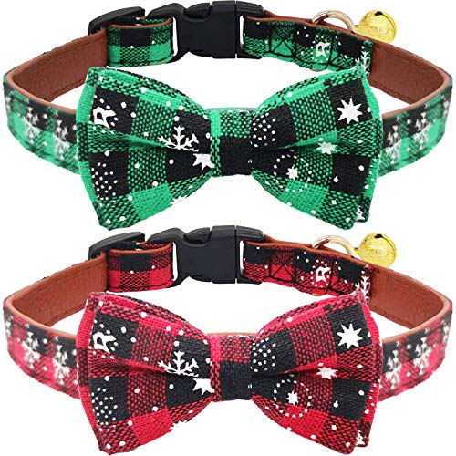 KUDES Weihnachts-Hundehalsband, Schneeflocken-Design, mit Fliege und Glöckchen, für Katzen und kleine, mittelgroße und große Haustiere, Rot und Grün, 2 Stück von KUDES