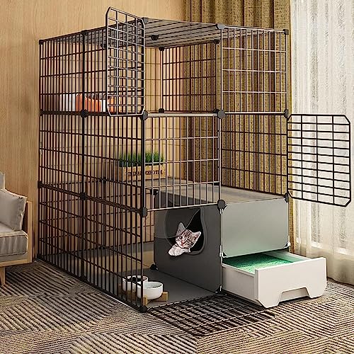 Kleintier-Laufstall, Katzenkäfig, Katzenlaufstall – Katzenkäfig, DIY-Haustier-Laufstall mit Tür und geschlossener Katzentoilette, multifunktionale Katzenwohnung (Größe: 111 x 49 x 73 cm, Far von KUENCE